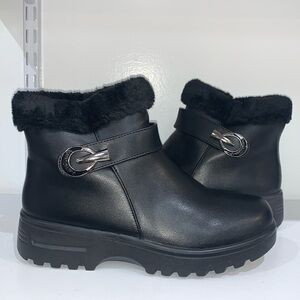 BLACK BUCKLE ANKLE FUR BOOTS